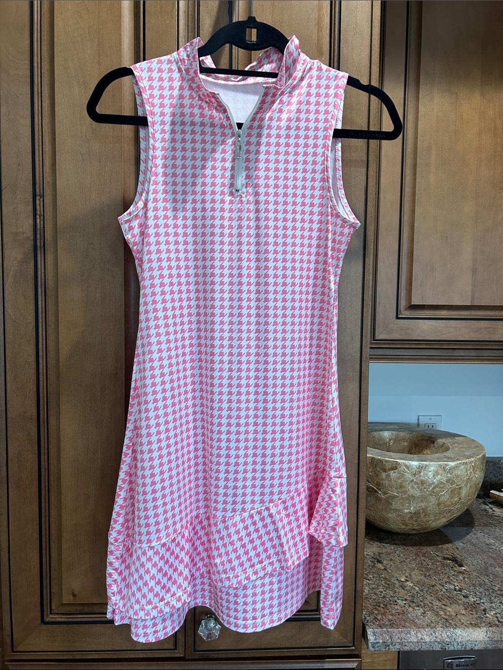 Sleeveless Pink Houndstooth athletic  Dress with Zip Collar